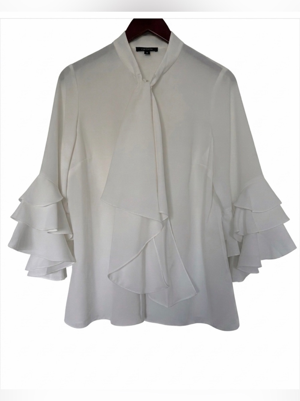 Pink Tartan Tie-Neck Ruffle Sleeve Blouse - White Size 8